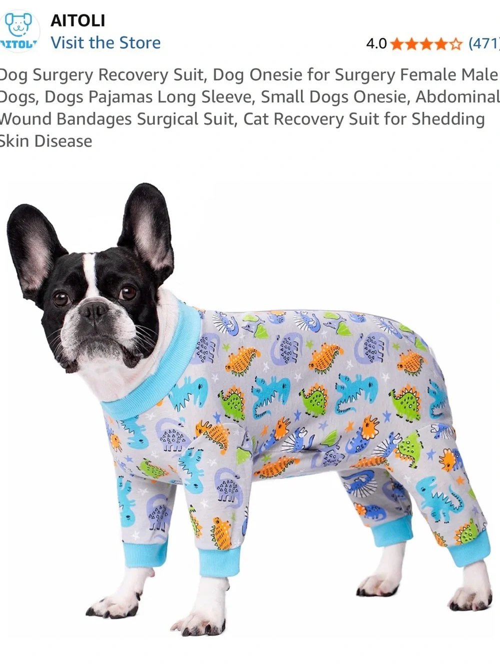 Gray Dino Zip-Up Dog Surgery Recovery Suit. Little dog size XL.